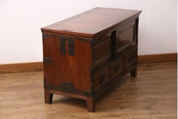 和製アンティーク　天板・楠木材　側面・ケヤキ材　今にも動き出しそうな杢目が目を引くローボード(収納棚、戸棚)、テレビ台)(R-049350)