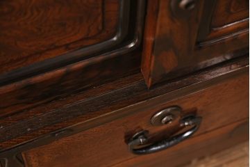 和製アンティーク　天板・楠木材　側面・ケヤキ材　今にも動き出しそうな杢目が目を引くローボード(収納棚、戸棚)、テレビ台)(R-049350)