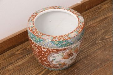 アンティーク雑貨　昭和中期　異国情緒あふれる龍の窓絵が魅力的な十錦手火鉢(瀬戸火鉢、鉢カバー)(R-049359)