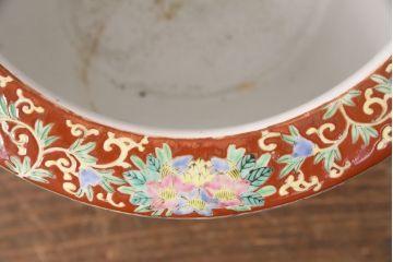 アンティーク雑貨　昭和中期　異国情緒あふれる龍の窓絵が魅力的な十錦手火鉢(瀬戸火鉢、鉢カバー)(R-049359)