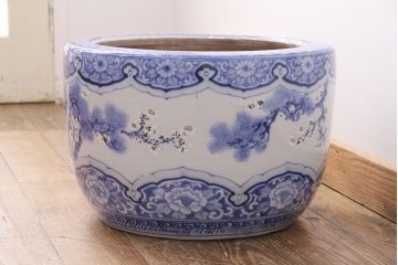 アンティーク雑貨　松竹梅の図　縁起の良い図柄が魅力!和の風情を感じる瀬戸火鉢(鉢カバー)(R-049362)
