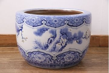 アンティーク雑貨　松竹梅の図　縁起の良い図柄が魅力!和の風情を感じる瀬戸火鉢(鉢カバー)(R-049362)