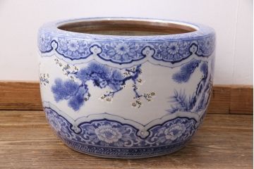 アンティーク雑貨　松竹梅の図　縁起の良い図柄が魅力!和の風情を感じる瀬戸火鉢(鉢カバー)(R-049362)