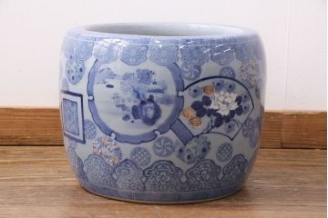 アンティーク雑貨　窓絵　花の図柄が可愛いらしい、和の趣あふれる瀬戸火鉢(鉢カバー)(R-049364)