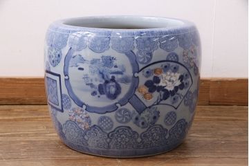 アンティーク雑貨　窓絵　花の図柄が可愛いらしい、和の趣あふれる瀬戸火鉢(鉢カバー)(R-049364)