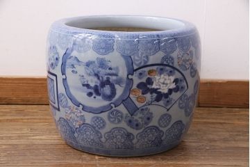 アンティーク雑貨　窓絵　花の図柄が可愛いらしい、和の趣あふれる瀬戸火鉢(鉢カバー)(R-049364)