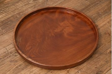 ヴィンテージ雑貨　昭和後期　総ケヤキ材　明るい木色と波のような杢目が魅力の丸盆(トレー、お盆、ビンテージ)(R-049374)