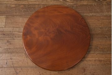 ヴィンテージ雑貨　昭和後期　総ケヤキ材　明るい木色と波のような杢目が魅力の丸盆(トレー、お盆、ビンテージ)(R-049374)