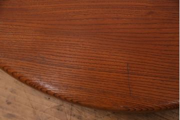 ヴィンテージ雑貨　昭和後期　総ケヤキ材　明るい木色と波のような杢目が魅力の丸盆(トレー、お盆、ビンテージ)(R-049374)