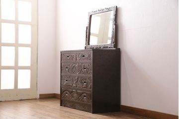 中古　伝統工芸　軽井沢彫り　咲き誇る桜の彫刻が美しいドレッシングチェスト(ドレッサー、鏡台、引き出し)(R-049377)