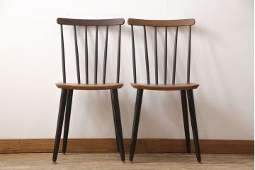 ヴィンテージ家具　北欧家具　デンマーク　チーク材　ツートーンカラーがおしゃれなチェア2脚セット(ダイニングチェア、板座チェア、椅子、ビンテージ)(R-049389)