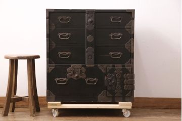 和製アンティーク　明治期　総桐材　コンパクトサイズで取り入れやすいシックな佇まいが魅力の庄内小箪笥(引き出し、チェスト、時代箪笥、桐箪笥、桐たんす)(R-049390)