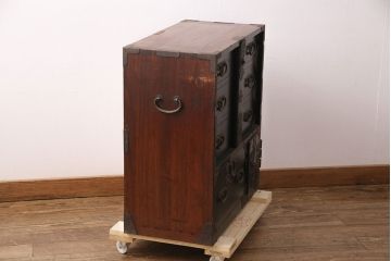 和製アンティーク　明治期　総桐材　コンパクトサイズで取り入れやすいシックな佇まいが魅力の庄内小箪笥(引き出し、チェスト、時代箪笥、桐箪笥、桐たんす)(R-049390)