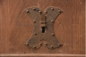 アンティーク建具　ケヤキ材・松材　細い桟が魅力の格子入り蔵戸(格子戸、玄関戸、引き戸、建具)(R-049392)