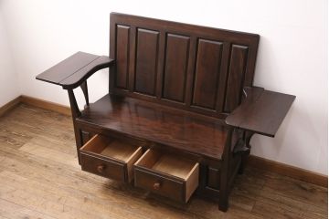 中古　美品　松本民芸家具　シックな大人の空間を演出する羽根付ベンチ(長椅子、二人掛けベンチ、板座)(R-049402)