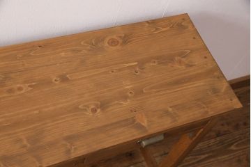 和製アンティーク　天板・ヒノキ無垢材　木の味わいを存分に感じられるリメイク作業台(コンソールテーブル、カウンター、引き出し)(R-049412)