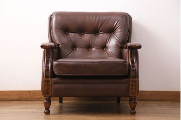 ヴィンテージ　カリモク家具(karimoku)　渋い雰囲気が格好良いレトロソファ(一人掛け、アームソファ、合皮、ビンテージ)(R-049415)