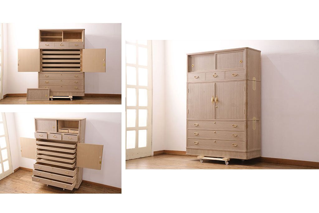 中古　国産　衣装盆付き　上品なデザインの引手金具が魅力的な総桐箪笥(胴丸、衣装箪笥、着物箪笥、和タンス、桐たんす)(定価140万円)(R-049419)