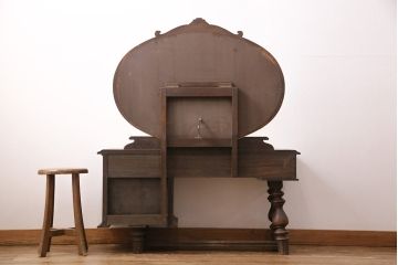和製ヴィンテージ　神戸洋家具　永田良介商店　素晴らしい彫刻が魅力!オーバル型の大きな鏡が印象的なドレッサー&スツールセット(鏡台、化粧台、ビンテージ)(R-049436)