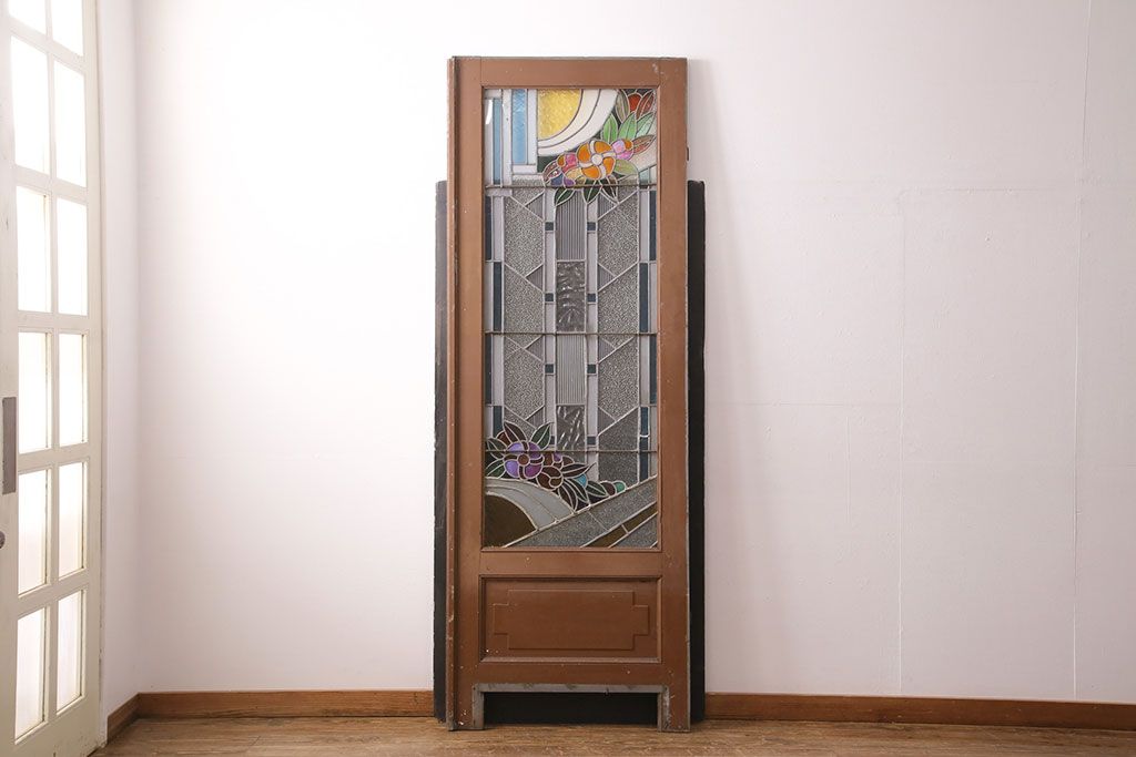 和製アンティーク　国産のアンティークとしては珍しい全面特大ステンドグラスで彩られたドア(建具)(R-049440)