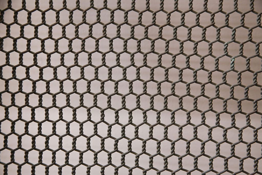 アンティーク建具　亀甲金網　時代を経た貫禄が感じられる総ケヤキ材製蔵戸(きつね格子、狐格子、玄関戸、引き戸、格子戸、マス目、升目)(R-049443)