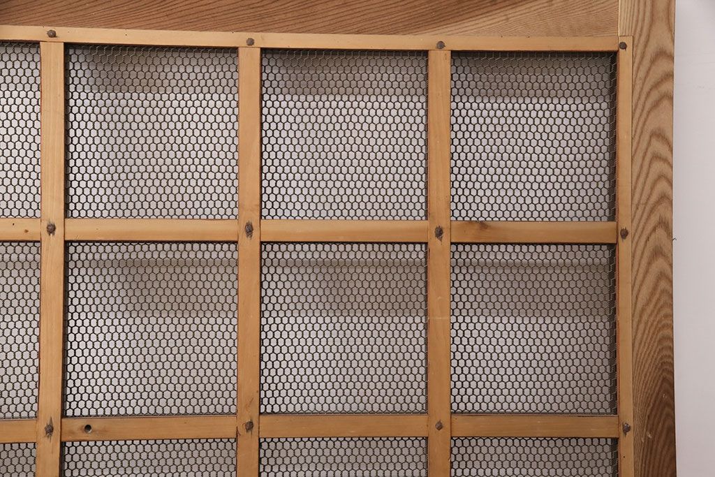 アンティーク建具　亀甲金網　時代を経た貫禄が感じられる総ケヤキ材製蔵戸(きつね格子、狐格子、玄関戸、引き戸、格子戸、マス目、升目)(R-049443)