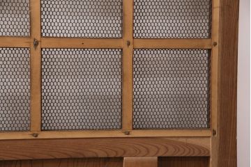 アンティーク建具　亀甲金網　時代を経た貫禄が感じられる総ケヤキ材製蔵戸(きつね格子、狐格子、玄関戸、引き戸、格子戸、マス目、升目)(R-049443)