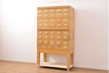 レトロ家具　昭和レトロ　KIHARA　小物収納にうってつけのナラ材製ネームプレート付きカードケース(引き出し、チェスト、図書館、図書室、店舗什器)(R-049480)