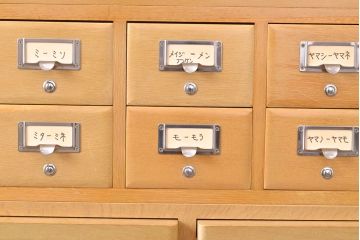 レトロ家具　昭和レトロ　KIHARA　小物収納にうってつけのナラ材製ネームプレート付きカードケース(引き出し、チェスト、図書館、図書室、店舗什器)(R-049480)