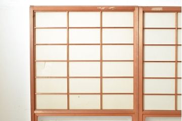 アンティーク建具　昭和中期　レトロガラス入り　腰板の木目がおしゃれなアクセントの障子戸4枚セット(建具、引き戸)(R-049481)