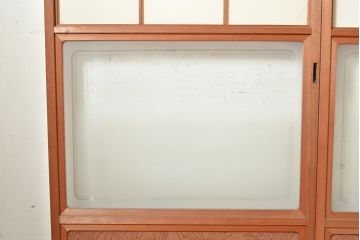 アンティーク建具　昭和中期　レトロガラス入り　腰板の木目がおしゃれなアクセントの障子戸4枚セット(建具、引き戸)(R-049481)
