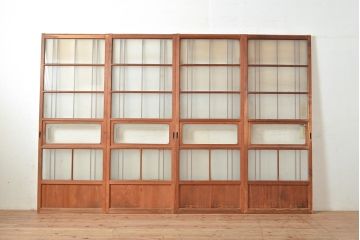 アンティーク建具　昭和期　レトロなデザインが魅力的なガラス戸4枚セット(引き戸、建具)(R-049483)