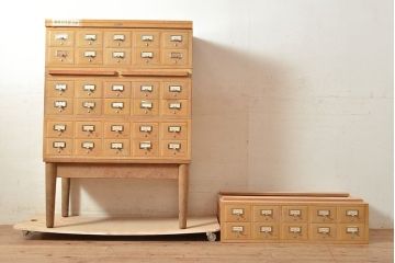 レトロ家具　昭和レトロ　KIHARA　レトロな小物収納におすすめのナラ材製ネームプレート付きカードケース(引き出し、チェスト、図書館、図書室)(R-049499)