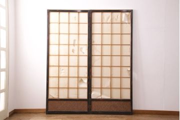 アンティーク建具　昭和初期　漆塗り　希少!腰板の凝ったつくりが魅力の障子戸2枚セット(引き戸、建具)(R-049518)