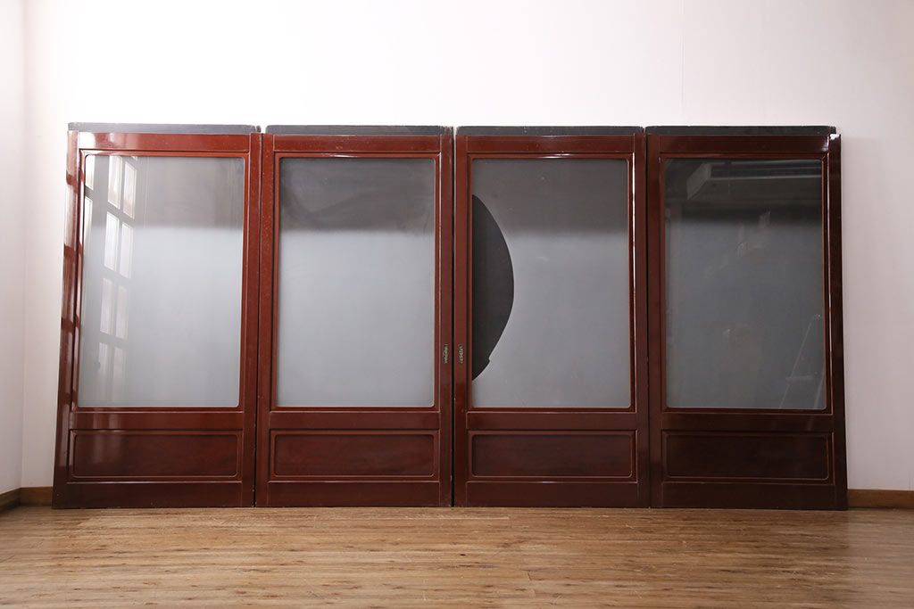 和製アンティーク　上手物!　総漆塗り　腰板ケヤキ材　最高級なつくりのガラス戸4枚セット(引き戸、建具)(R-049519)