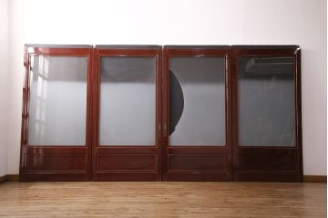 和製アンティーク　上手物!　総漆塗り　腰板ケヤキ材　最高級なつくりのガラス戸4枚セット(引き戸、建具)(R-049519)