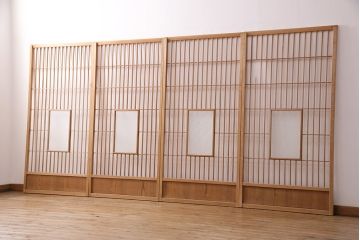 アンティーク建具　昭和初期　ダイヤガラス　素朴な木の風合いが味わい深い縦額入り障子戸4枚セット(引き戸、建具)(R-049520)