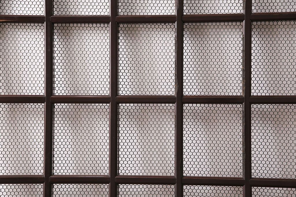 アンティーク建具　ヒノキ材　金網がおしゃれな蔵戸(きつね格子、狐格子、格子入り蔵戸、引き戸、玄関戸、格子戸、マス目、升目)(R-049549)