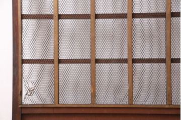 アンティーク建具　ヒノキ材　金網がおしゃれな蔵戸(きつね格子、狐格子、格子入り蔵戸、引き戸、玄関戸、格子戸、マス目、升目)(R-049549)