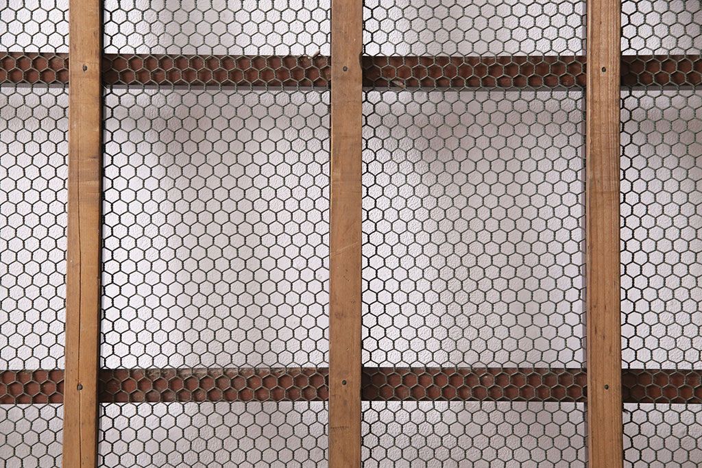 アンティーク建具　ヒノキ材　金網がおしゃれな蔵戸(きつね格子、狐格子、格子入り蔵戸、引き戸、玄関戸、格子戸、マス目、升目)(R-049549)