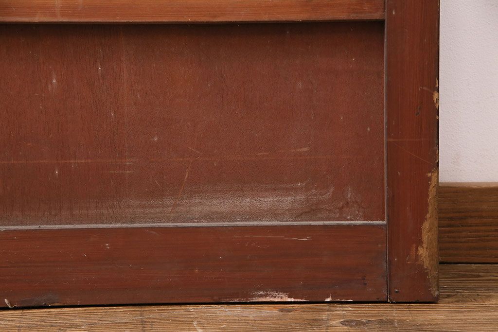 アンティーク建具　ヒノキ材　金網がおしゃれな蔵戸(きつね格子、狐格子、格子入り蔵戸、引き戸、玄関戸、格子戸、マス目、升目)(R-049549)