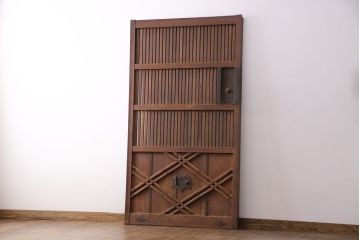 アンティーク建具　総ケヤキ材　凝ったデザインの珍しい蔵戸(格子戸、玄関戸、引き戸、建具)(R-049550)