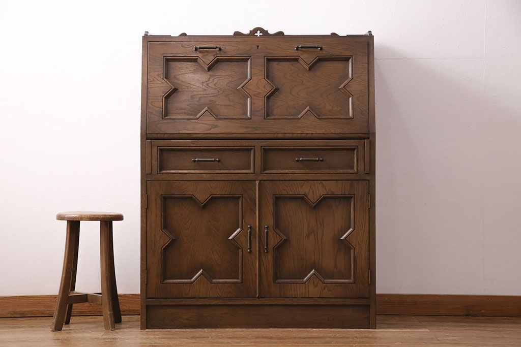 中古　美品　永田良介商店製　幾何学模様が目を引く!クラシカルな雰囲気を醸しだすライティングビューロー(簿記机、在宅ワーク、在宅用ワークデスク)(定価約54万円)(R-049567)