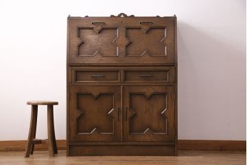 中古　美品　永田良介商店製　幾何学模様が目を引く!クラシカルな雰囲気を醸しだすライティングビューロー(簿記机、在宅ワーク、在宅用ワークデスク)(定価約54万円)(R-049567)