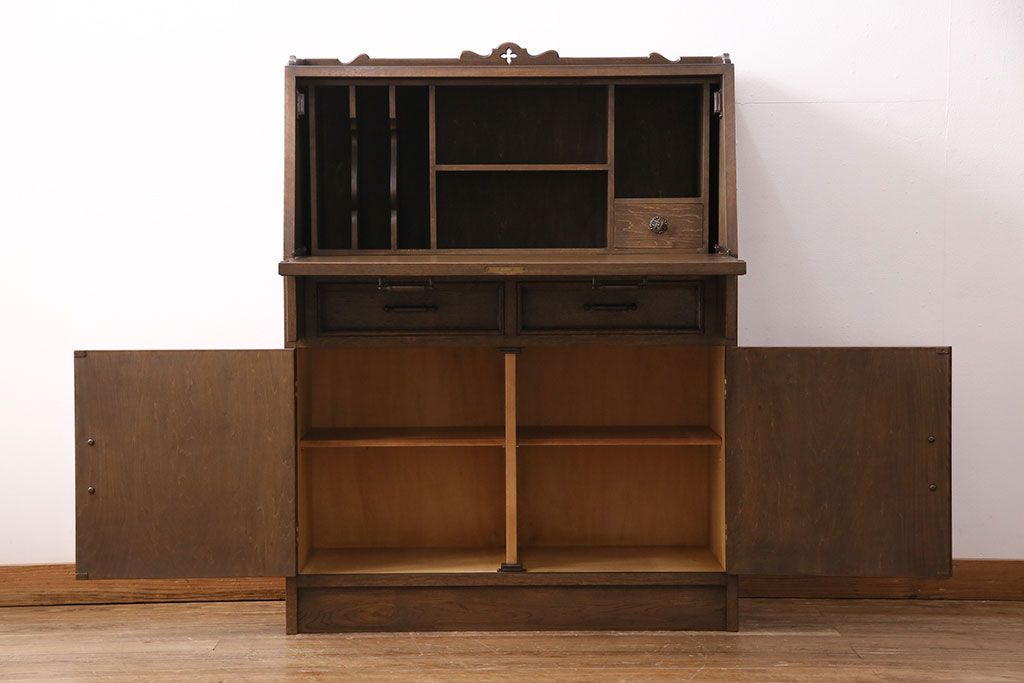 中古　美品　永田良介商店製　幾何学模様が目を引く!クラシカルな雰囲気を醸しだすライティングビューロー(簿記机、在宅ワーク、在宅用ワークデスク)(定価約54万円)(R-049567)