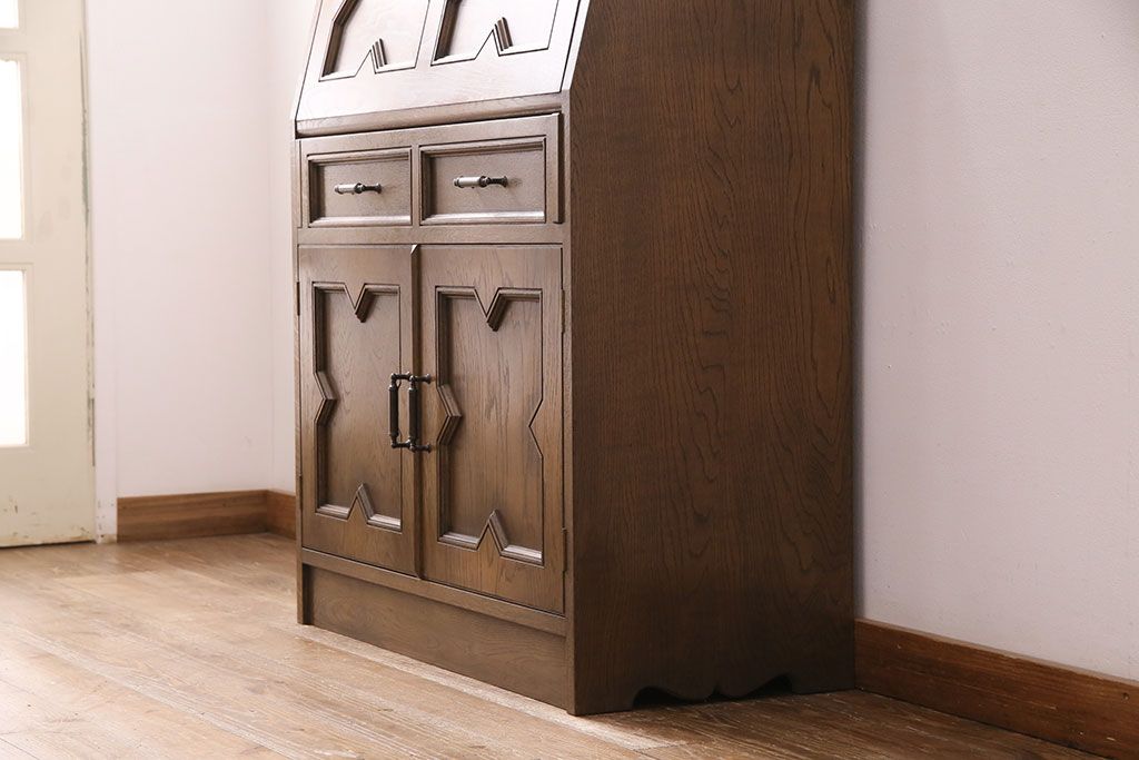 中古　美品　永田良介商店製　幾何学模様が目を引く!クラシカルな雰囲気を醸しだすライティングビューロー(簿記机、在宅ワーク、在宅用ワークデスク)(定価約54万円)(R-049567)