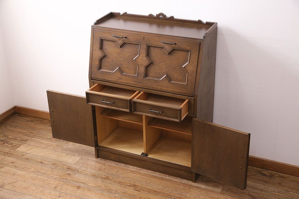 中古　美品　永田良介商店製　幾何学模様が目を引く!クラシカルな雰囲気を醸しだすライティングビューロー(簿記机、在宅ワーク、在宅用ワークデスク)(定価約54万円)(R-049567)