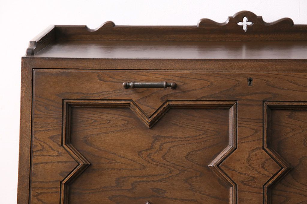 中古　美品　永田良介商店製　幾何学模様が目を引く!クラシカルな雰囲気を醸しだすライティングビューロー(簿記机、在宅ワーク、在宅用ワークデスク)(定価約54万円)(R-049567)