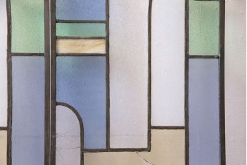 アンティーク建具　日本製　昭和初期　希少!木枠を作成して仕上げる、レトロなデザインが魅力のステンドグラス2枚セット(ドア、明り取り)(R-049608)