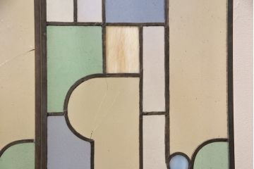 アンティーク建具　日本製　昭和初期　希少!木枠を作成して仕上げる、レトロなデザインが魅力のステンドグラス2枚セット(ドア、明り取り)(R-049608)